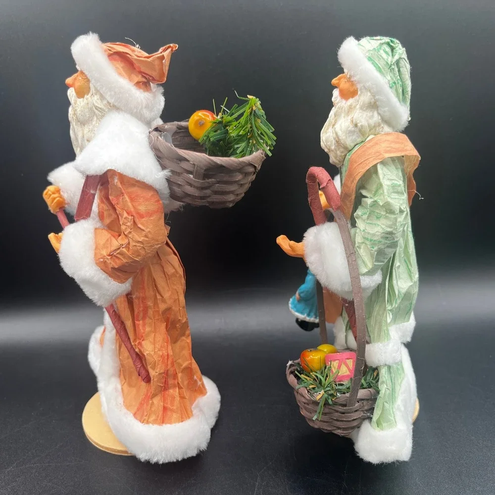 Paper Mache Santa Claus Figurines Set of 2 Hard Plastic Face Hands 8